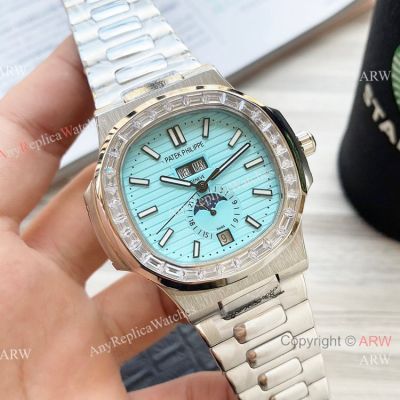 New Clone Patek Philippe Nautilus Annual Calendar Watch Baby Blue Face with Diamonds